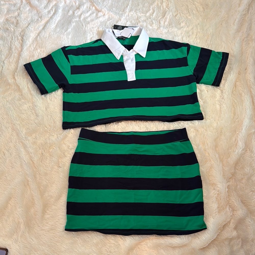 Fashion Nova Green and Black Striped Skirt Set